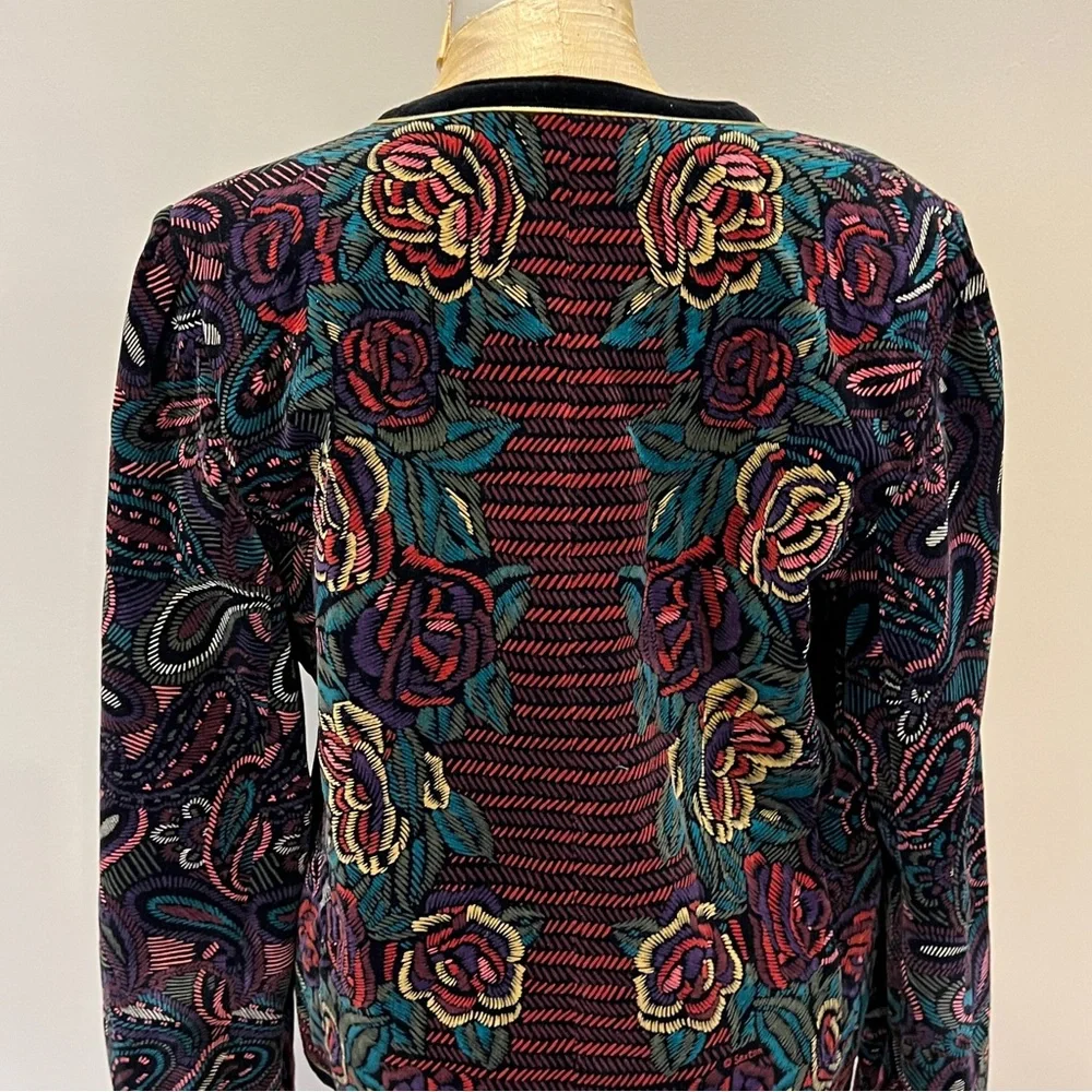 Vintage Japan Velvet Artsy Floral Blazer Jacket Gold Button Roses Sz 10 Black - Picture 4 of 12